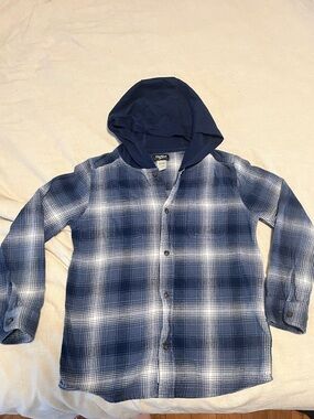 OshKosh B'gosh Navy and White Plaid Hooded Button-Down Shirt